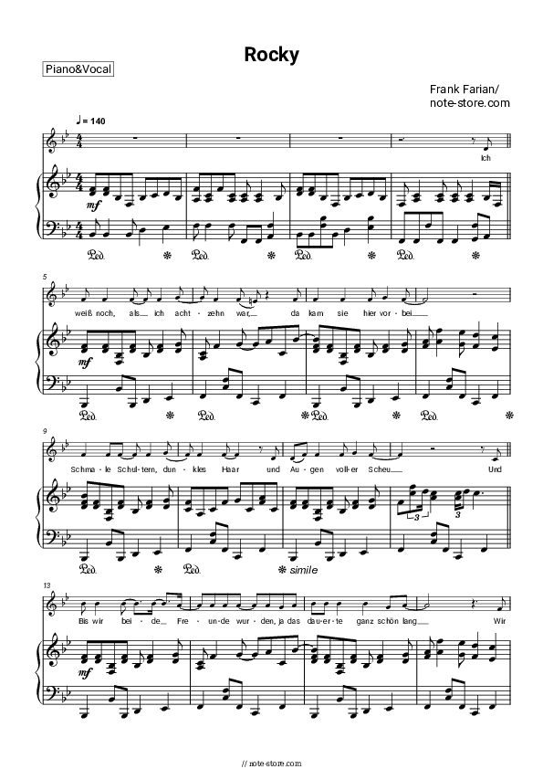 Rocky - Frank Farian Piano Sheet Music with the Voice part - Piano&Vocal