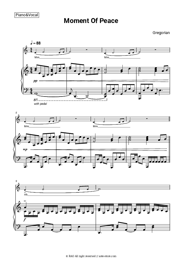 Moment Of Peace - Gregorian Piano Sheet Music with the Voice part - Piano&Vocal