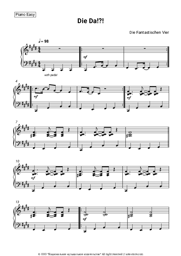 Die da!?! - Die Fantastischen Vier Piano Sheet Music Easy - Piano.Easy