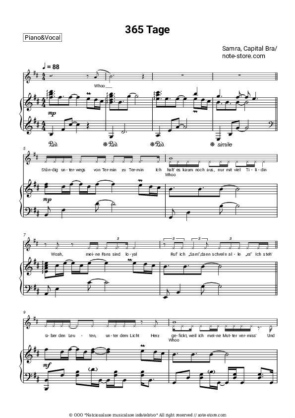 365 Tage - Samra, Capital Bra Piano Sheet Music with the Voice part - Piano&Vocal