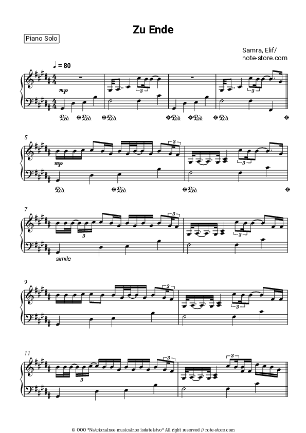 Zu Ende - Samra, Elif Piano Sheet Music - Piano.Solo