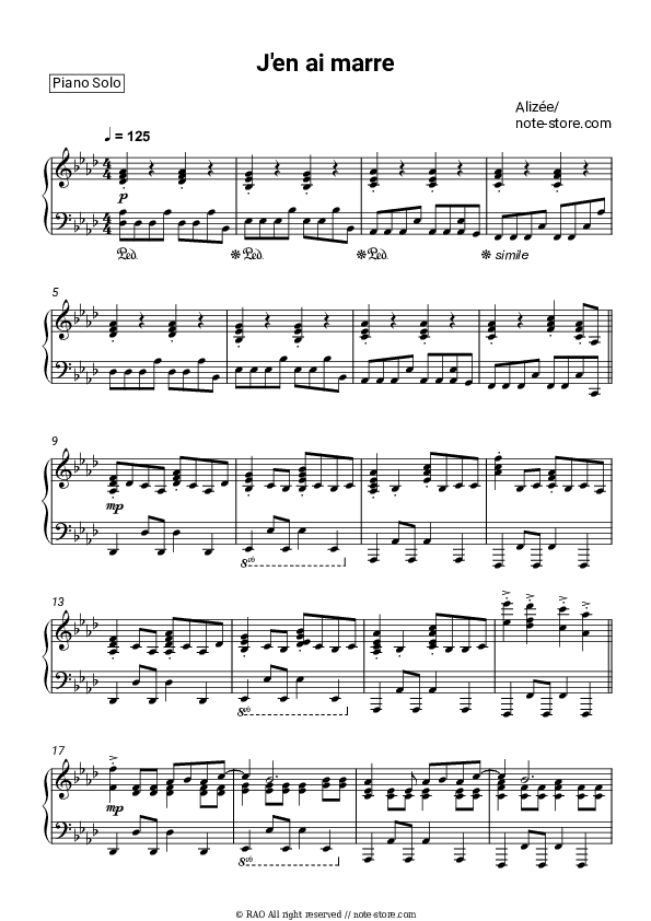 J'en Ai Marre - Alizee Piano Sheet Music - Piano.Solo