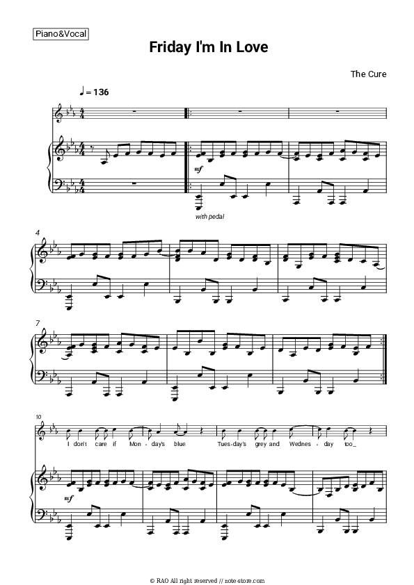 Friday I'm In Love - The Cure Piano Sheet Music with the Voice part - Piano&Vocal