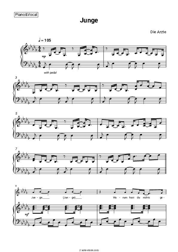 Junge - Die Ärzte Piano Sheet Music with the Voice part - Piano&Vocal