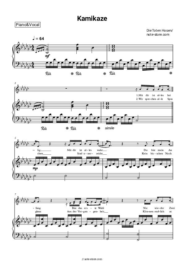 Kamikaze - Die Toten Hosen Piano Sheet Music with the Voice part - Piano&Vocal