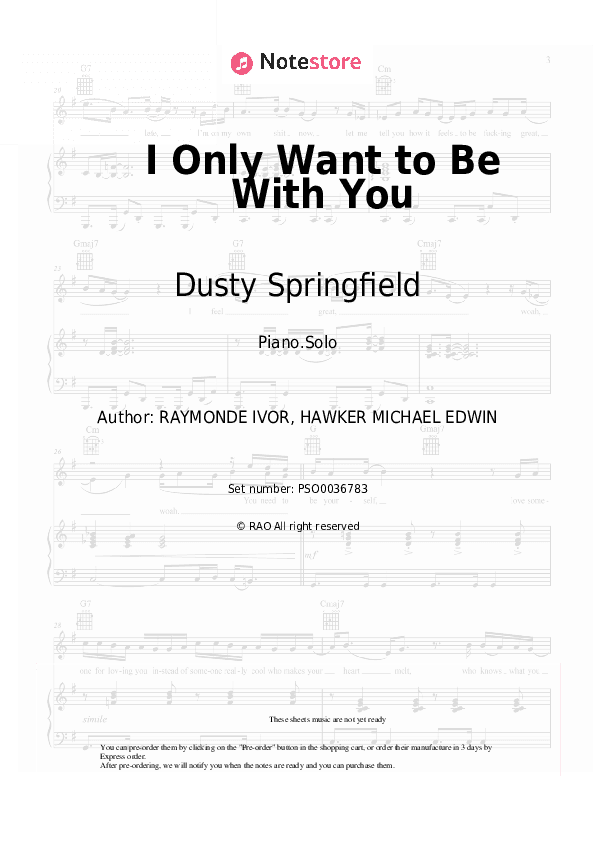 I Only Want to Be With You - Dusty Springfield Piano Sheet Music - Piano.Solo