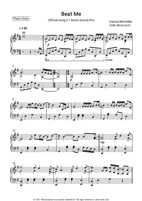 Beat Me - Davina Michelle Piano Sheet Music - Piano.Solo