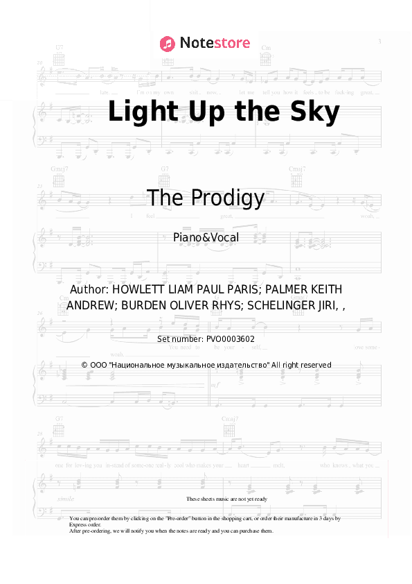 Light Up the Sky - The Prodigy Piano Sheet Music with the Voice part - Piano&Vocal
