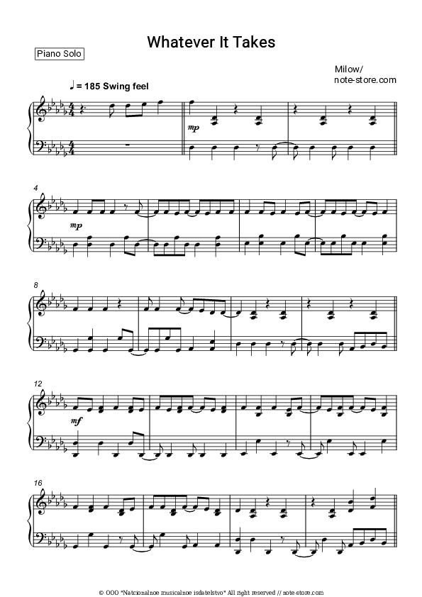 Whatever It Takes - Milow Piano Sheet Music - Piano.Solo