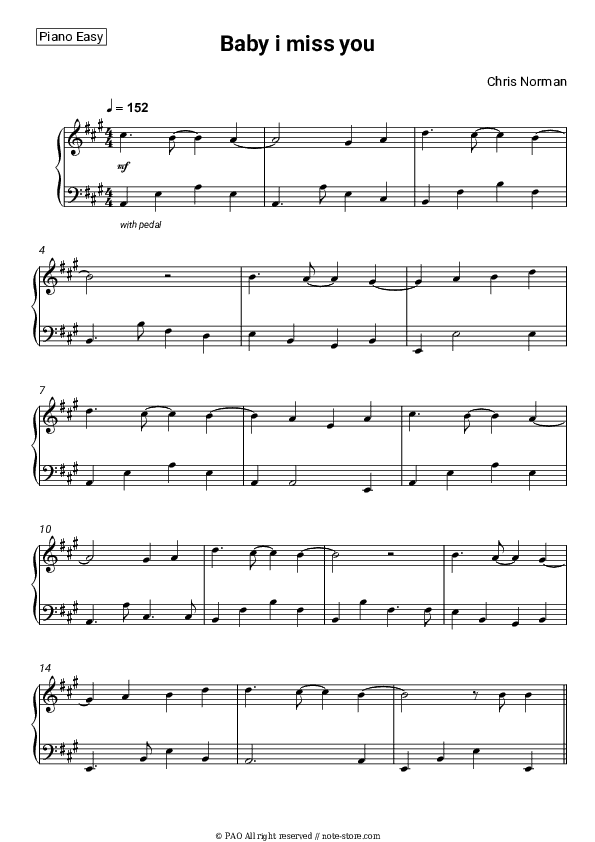 Baby i miss you - Chris Norman Piano Sheet Music Easy - Piano.Easy