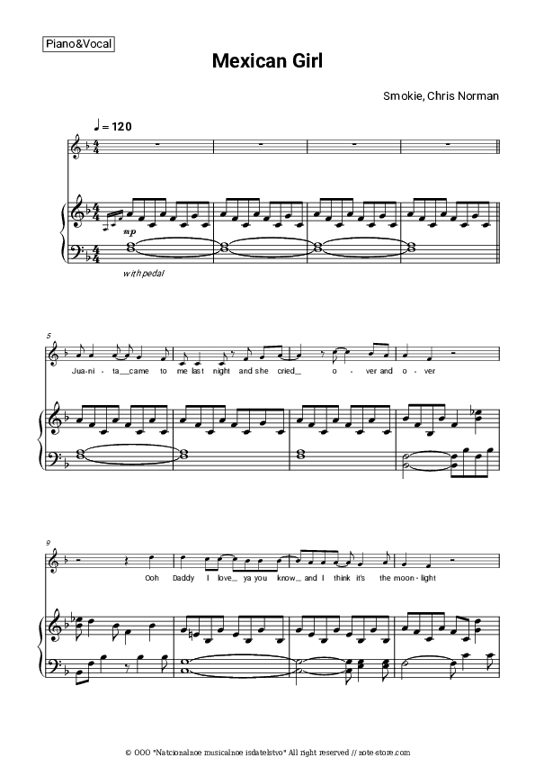 Mexican Girl - Smokie, Chris Norman Piano Sheet Music with the Voice part - Piano&Vocal