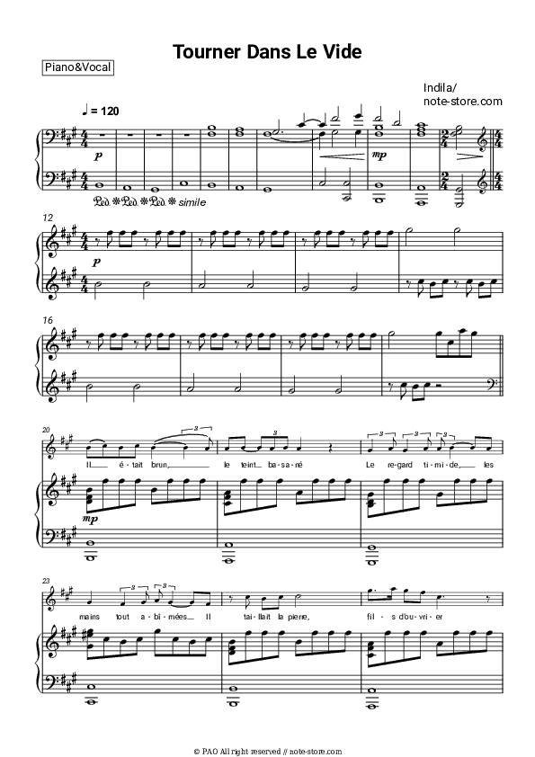 Tourner Dans Le Vide - Indila Piano Sheet Music with the Voice part - Piano&Vocal