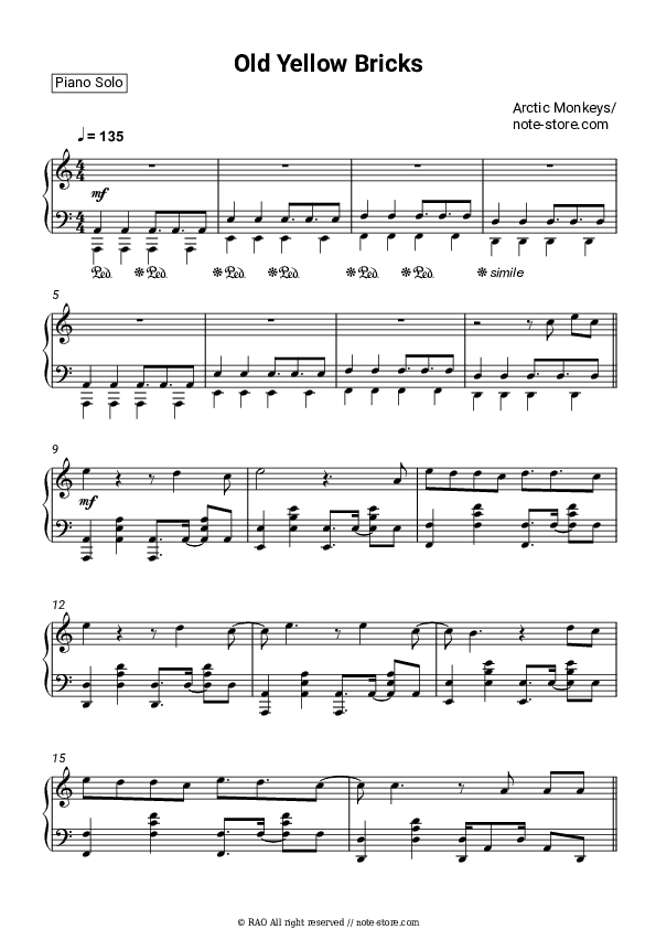 Old Yellow Bricks - Arctic Monkeys Piano Sheet Music - Piano.Solo