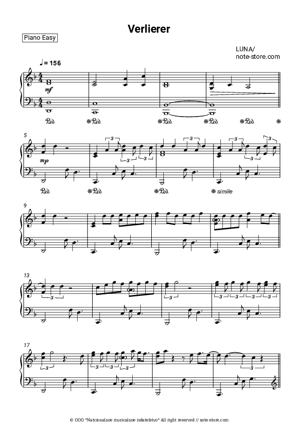 Verlierer - LUNA Piano Sheet Music Easy - Piano.Easy