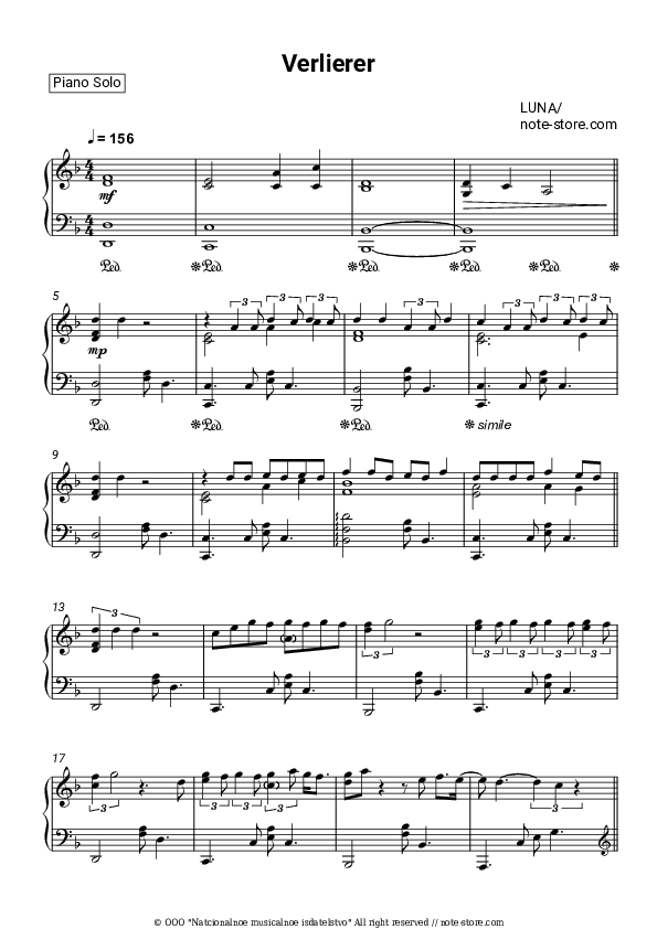 Verlierer - LUNA Piano Sheet Music - Piano.Solo