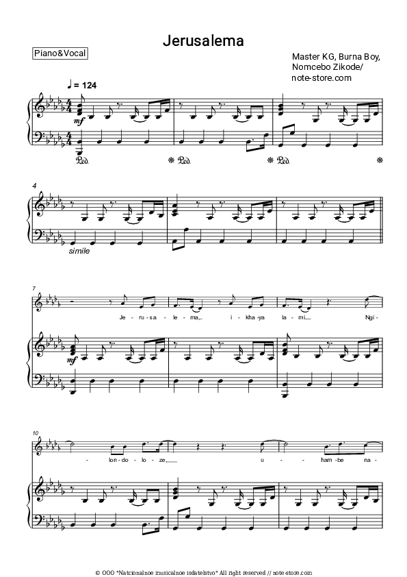 Jerusalema - Master KG, Burna Boy, Nomcebo Zikode Piano Sheet Music with the Voice part - Piano&Vocal