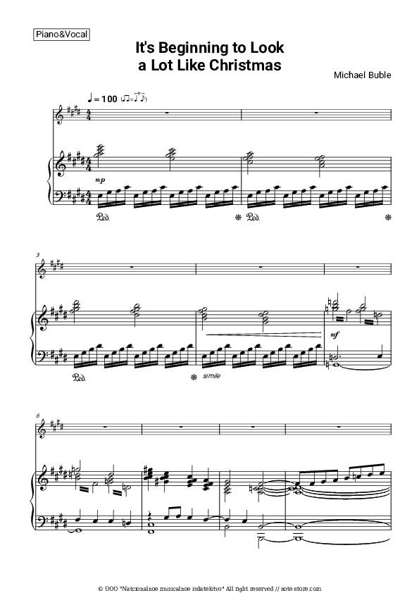 It's Beginning to Look a Lot Like Christmas - Michael Bublé Piano Sheet Music with the Voice part - Piano&Vocal