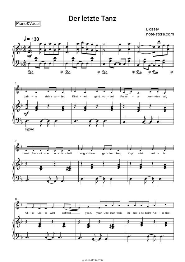 Der letzte Tanz - Bosse Piano Sheet Music with the Voice part - Piano&Vocal