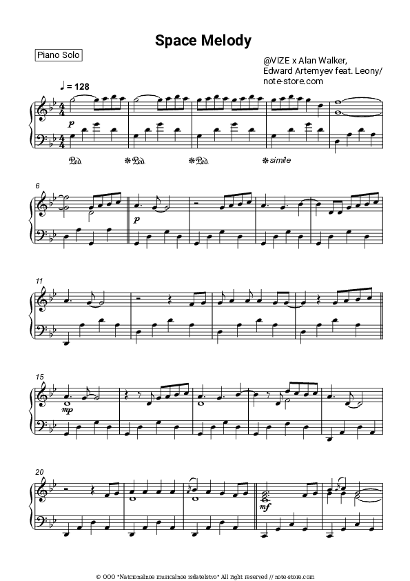 Space Melody - VIZE, Alan Walker, Leony, Edward Artemyev Piano Sheet Music - Piano.Solo