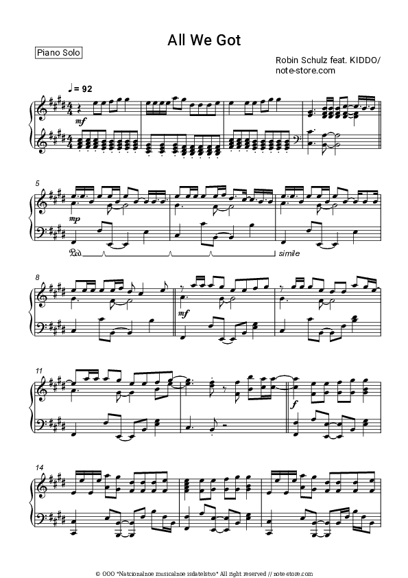 All We Got - Robin Schulz, KIDDO Piano Sheet Music - Piano.Solo