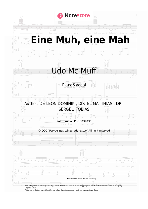 Eine Muh, eine Mah - Udo Mc Muff, Kreisligalegende, Ikke Huftgold Piano Sheet Music with the Voice part - Piano&Vocal