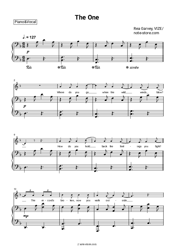 The One - Rea Garvey, VIZE Piano Sheet Music with the Voice part - Piano&Vocal