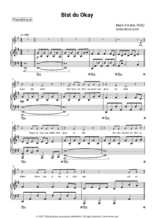 Bist du Okay - Mark Forster, VIZE Piano Sheet Music with the Voice part - Piano&Vocal