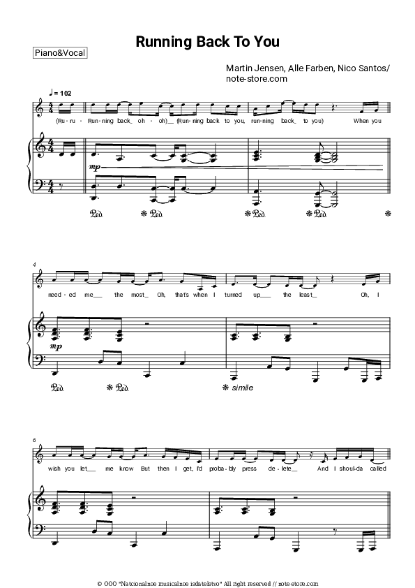 Running Back To You - Martin Jensen, Alle Farben, Nico Santos Piano Sheet Music with the Voice part - Piano&Vocal