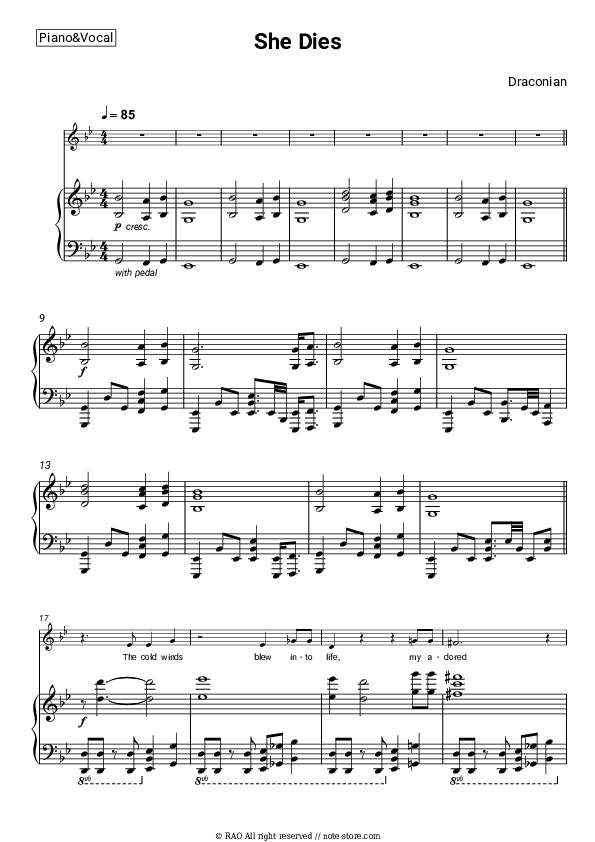 She Dies - Draconian Piano Sheet Music with the Voice part - Piano&Vocal