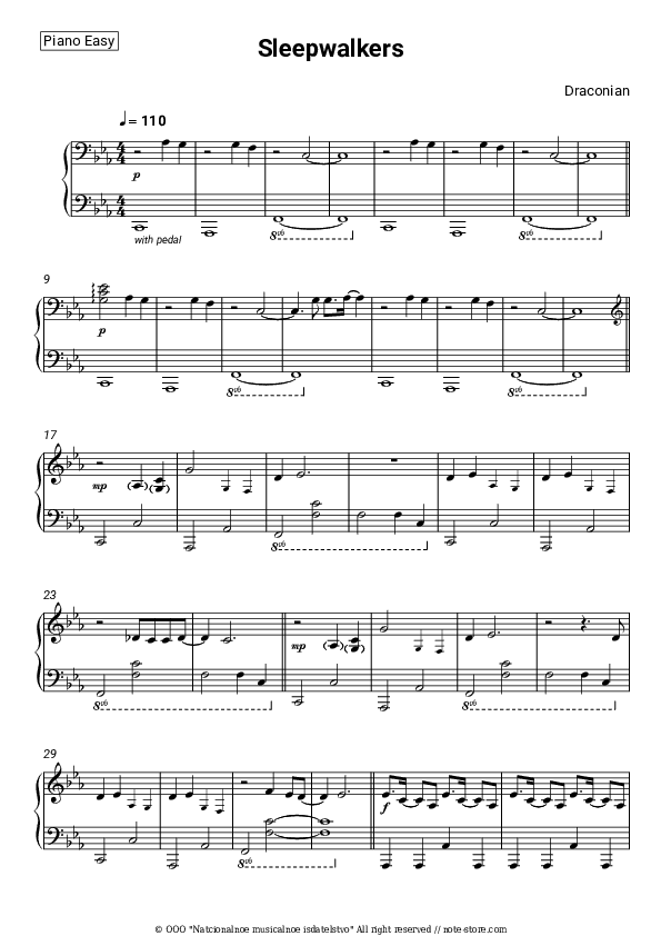 Sleepwalkers - Draconian Piano Sheet Music Easy - Piano.Easy