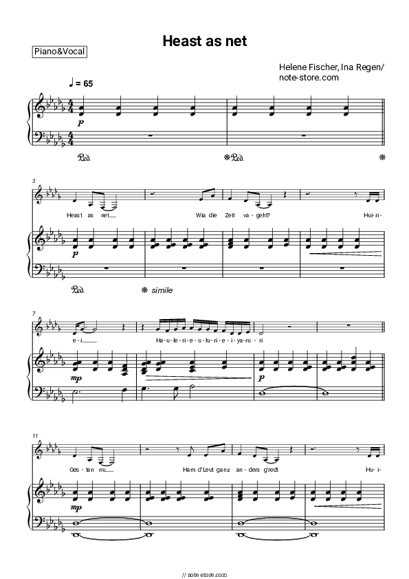 Heast as net - Helene Fischer, Ina Regen Piano Sheet Music with the Voice part - Piano&Vocal