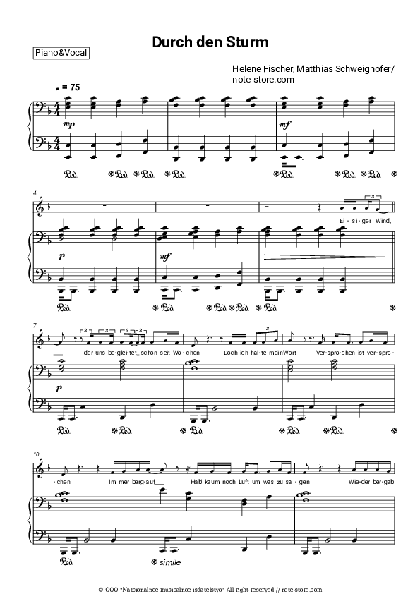 Durch den Sturm - Helene Fischer, Matthias Schweighöfer Piano Sheet Music with the Voice part - Piano&Vocal