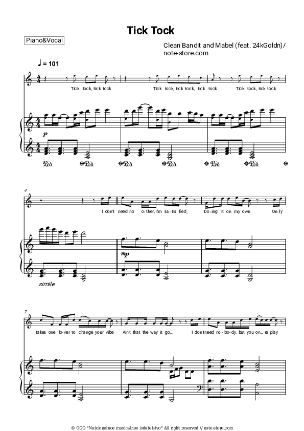 Tick Tock - Clean Bandit, Mabel, 24kGoldn Piano Sheet Music with the Voice part - Piano&Vocal