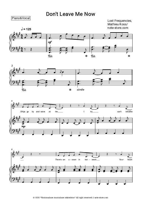 Don't Leave Me Now - Lost Frequencies, Mathieu Koss Piano Sheet Music with the Voice part - Piano&Vocal