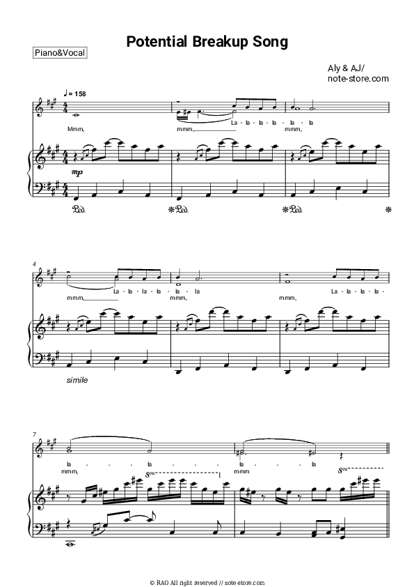 Potential Breakup Song - Aly & AJ Piano Sheet Music with the Voice part - Piano&Vocal