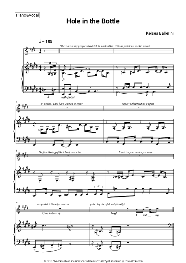 Hole in the Bottle - Kelsea Ballerini Piano Sheet Music with the Voice part - Piano&Vocal