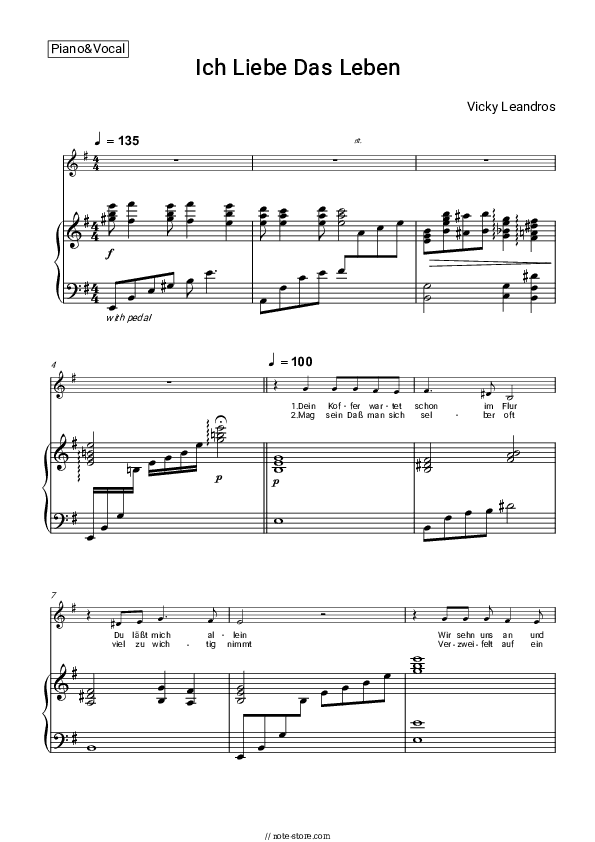 Ich liebe das Leben - Vicky Leandros Piano Sheet Music with the Voice part - Piano&Vocal