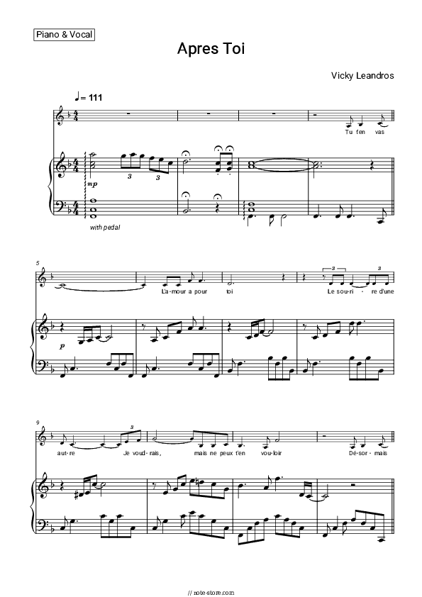 Apres Toi - Vicky Leandros Piano Sheet Music with the Voice part - Piano&Vocal