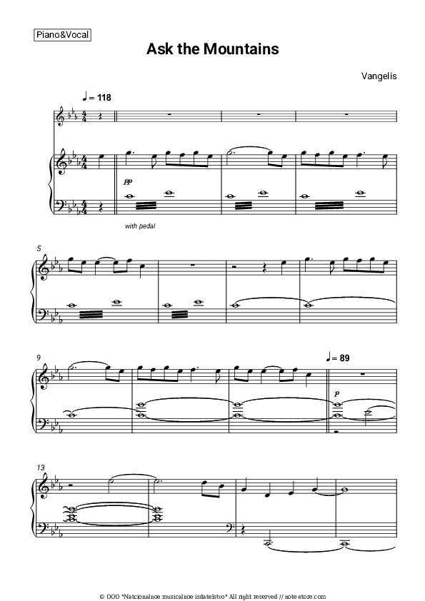 Ask the Mountains - Vangelis Piano Sheet Music with the Voice part - Piano&Vocal