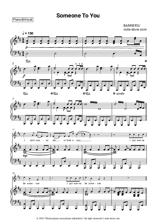 Someone To You - Banners Piano Sheet Music with the Voice part - Piano&Vocal