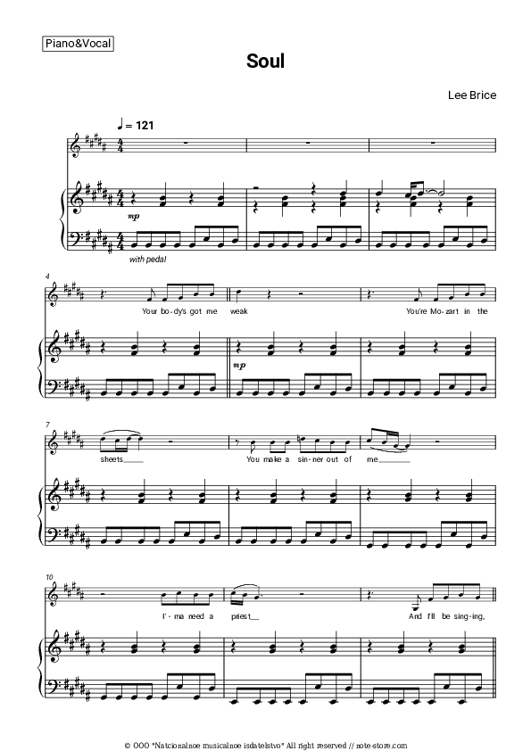 Soul - Lee Brice Piano Sheet Music with the Voice part - Piano&Vocal