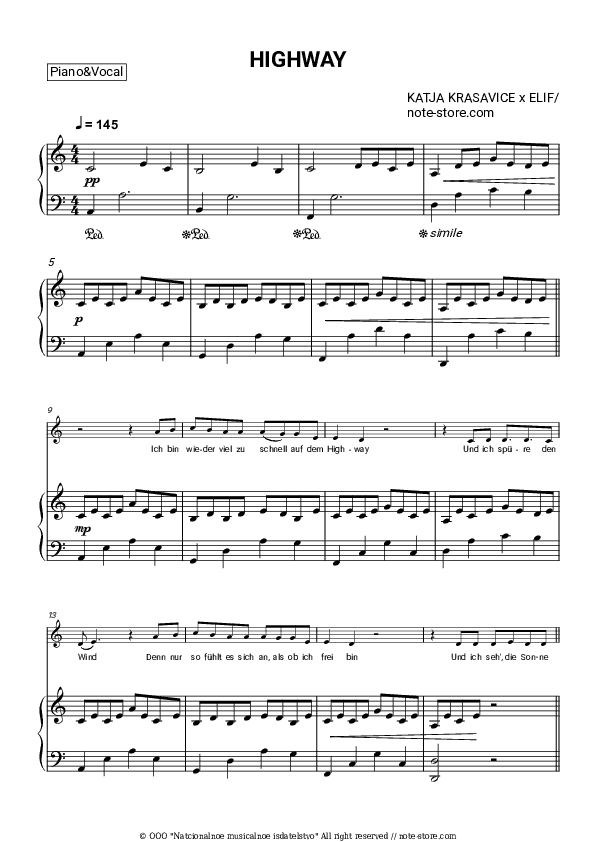 HIGHWAY - Katja Krasavice, Elif Piano Sheet Music with the Voice part - Piano&Vocal