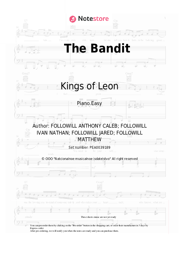 The Bandit - Kings of Leon Piano Sheet Music Easy - Piano.Easy