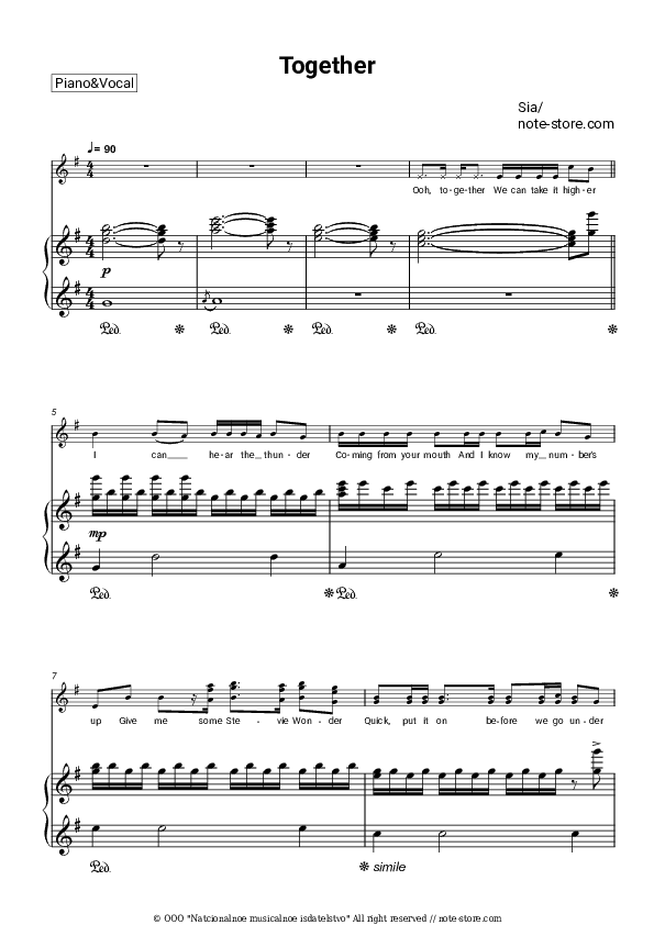 Together - Sia Piano Sheet Music with the Voice part - Piano&Vocal