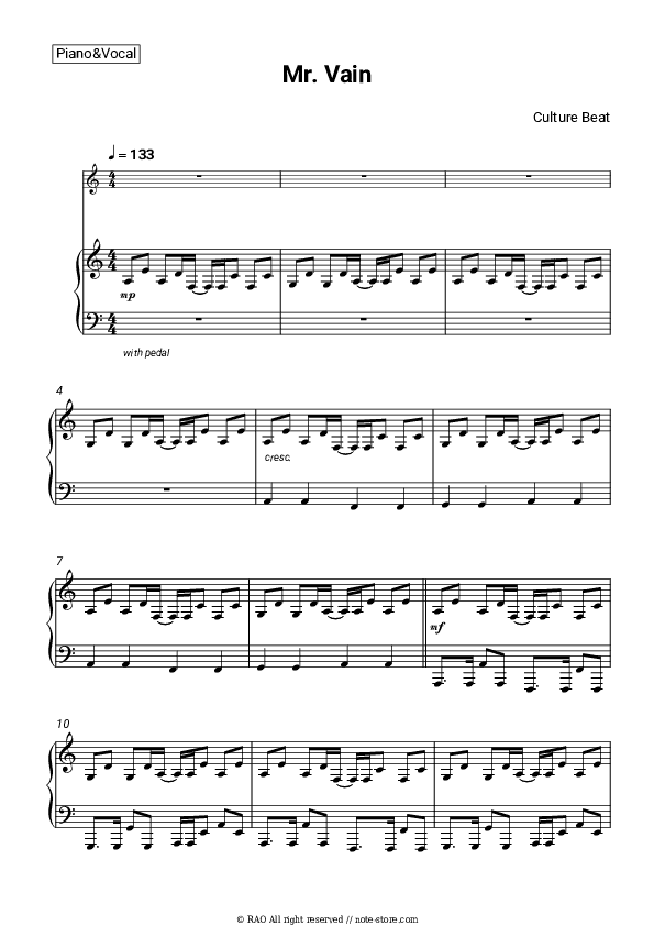 Mr. Vain - Culture Beat Piano Sheet Music with the Voice part - Piano&Vocal