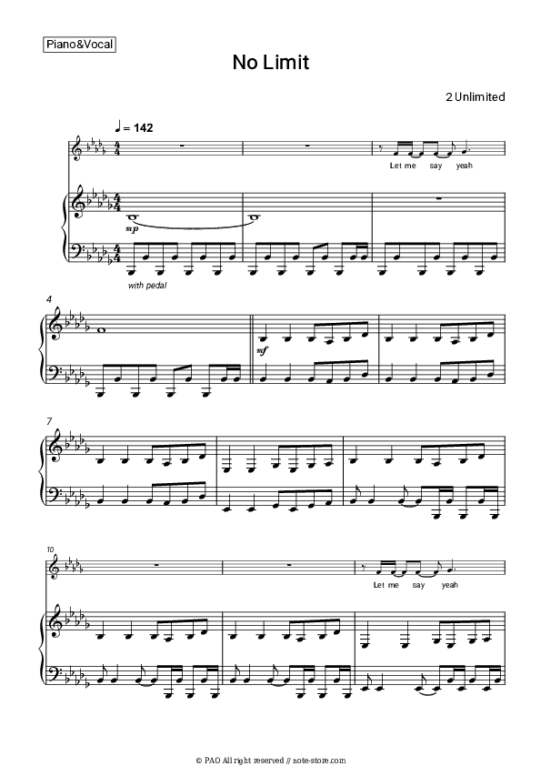 No Limit - 2 Unlimited Piano Sheet Music with the Voice part - Piano&Vocal