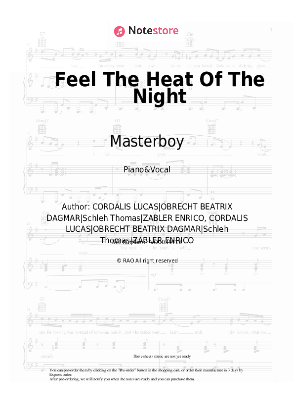 Feel The Heat Of The Night - Masterboy Piano Sheet Music with the Voice part - Piano&Vocal