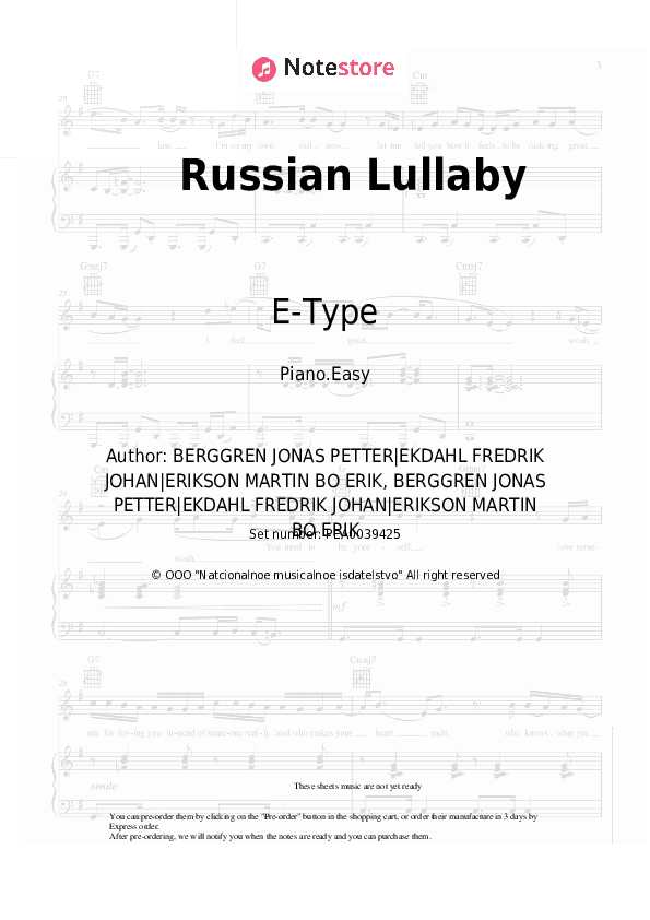 Russian Lullaby - E-Type Piano Sheet Music Easy - Piano.Easy