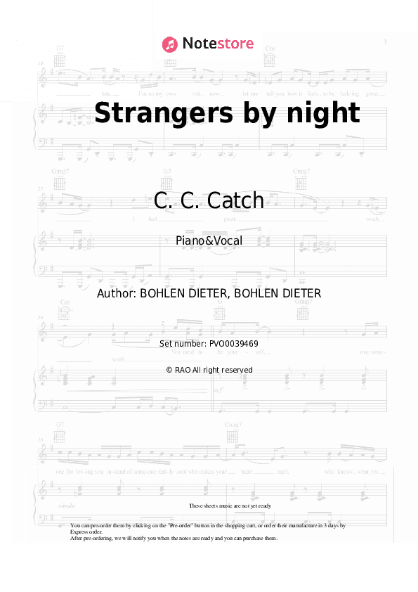 Strangers by night - C. C. Catch Piano Sheet Music with the Voice part - Piano&Vocal