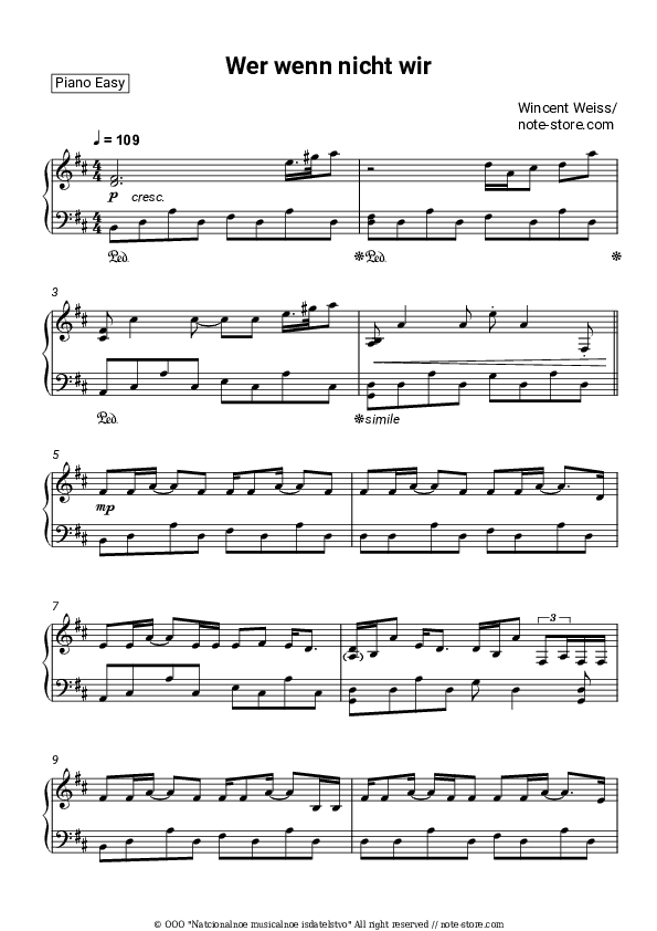Wer wenn nicht wir - Wincent Weiss Piano Sheet Music Easy - Piano.Easy